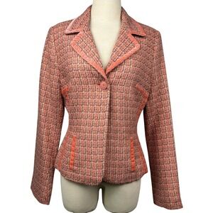 Q.U.E Coral Pink Tweed Blazer Jacket Velvet Trim One Button Lined Women's Size 8